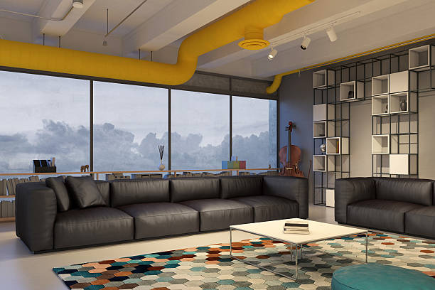 istock Living room with black leather sofa 606227386