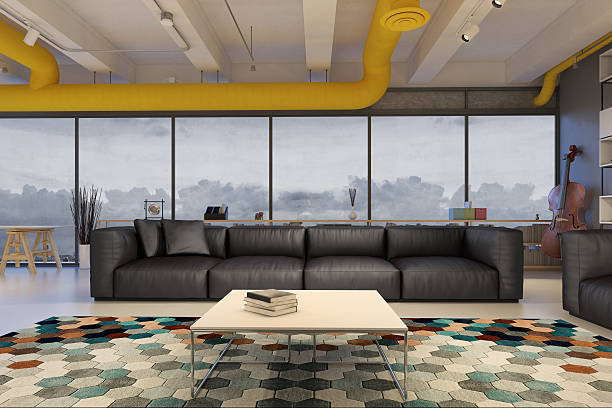 istock Living room with black leather sofa 606227534