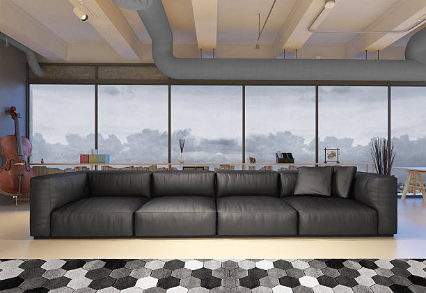 istock Living room with black leather sofa 606227646