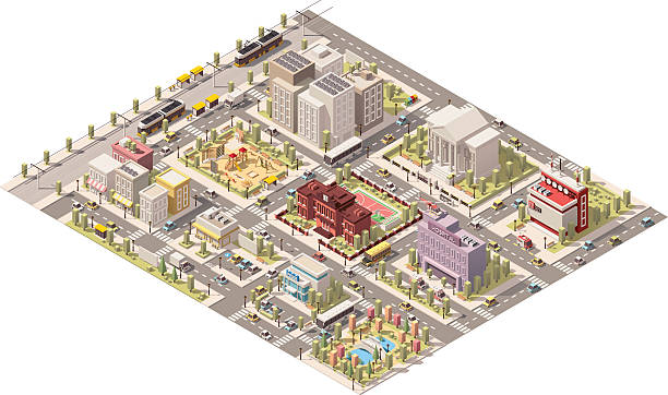 Vector isometric low poly city Vector isometric low poly city infrastructure hospital drawings stock illustrations