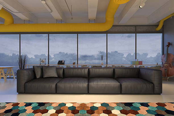 istock Living room with black leather sofa 606227922