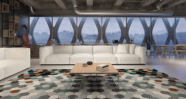 istock Living room with sofa and window behind 606228046