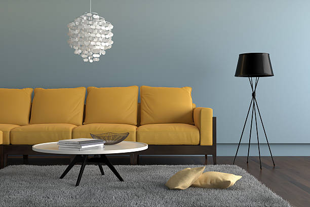 istock Contemporary living room with yellow sofa with light blue wall 606228262