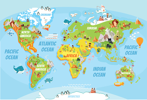 Cartoon world map with a lot of funny animals,sea creatures,various landscapes and peoples of various nationalities.Great for kids design,educational game,magnet or poster design.