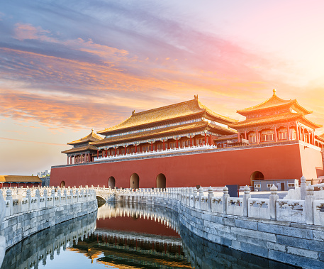 Night view of the Forbidden City front view, located in Beijing, China