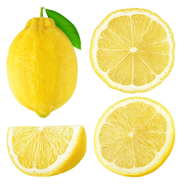 Isolated lemon fruits collection Isolated lemons. Whole and cut lemon fruits isolated on white background with clipping path cross section isolated objects food and drink isolated on white stock pictures, royalty-free photos & images