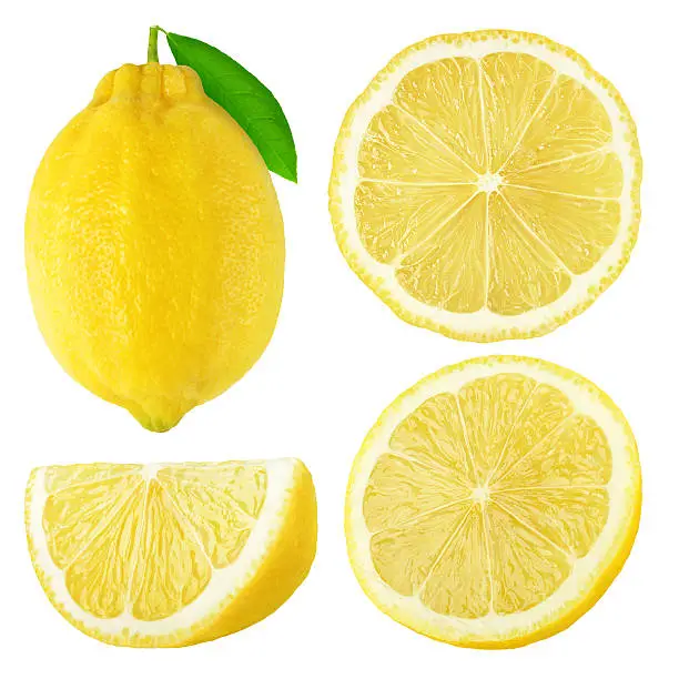Isolated lemons. Whole and cut lemon fruits isolated on white background with clipping path