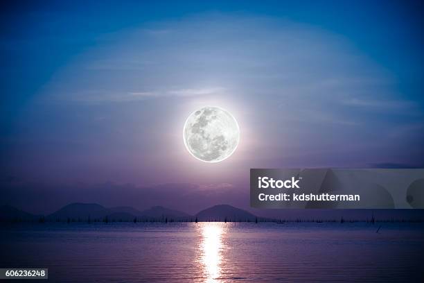 Romantic Scenic With Full Moon On Sea To Night Stock Photo - Download Image Now - Astronomy, Atmospheric Mood, Backgrounds