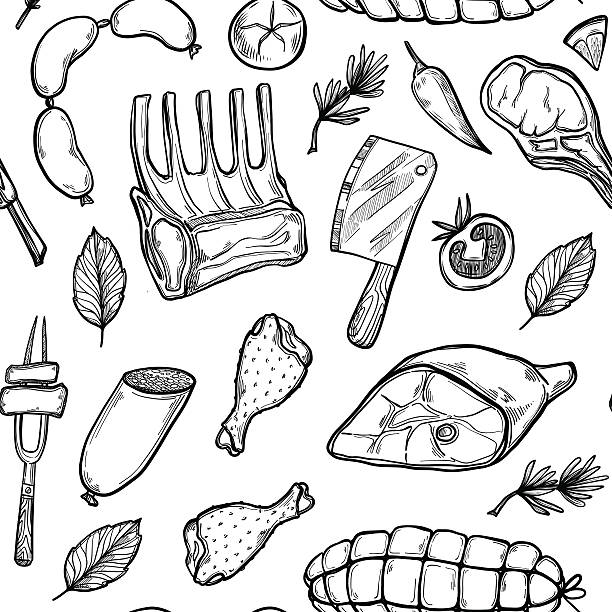 illustrations, cliparts, dessins animés et icônes de fond vectoriel dessiné à la main - produits de viande - butchers shop butcher meat delicatessen