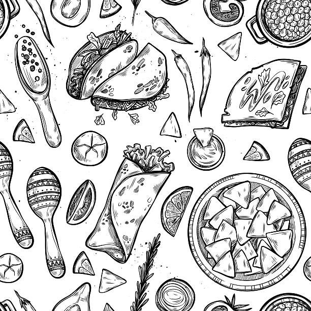 Hand drawn vector background - Mexican food Hand drawn vector background - Mexican food (tacos, nachos, burritos, chili pepper, avocado, sauce, tomato, maracas). Sketch. Seamless pattern serrano chili pepper stock illustrations