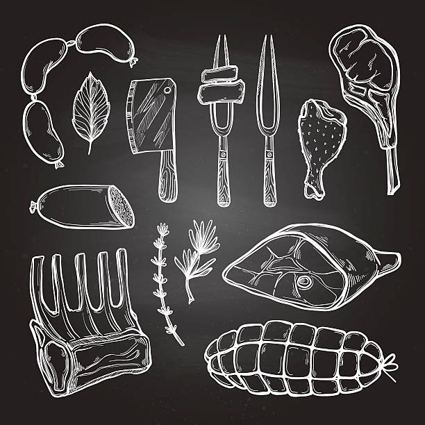 illustrations, cliparts, dessins animés et icônes de illustration vectorielle dessinée à la main - produits de viande - butchers shop butcher meat delicatessen