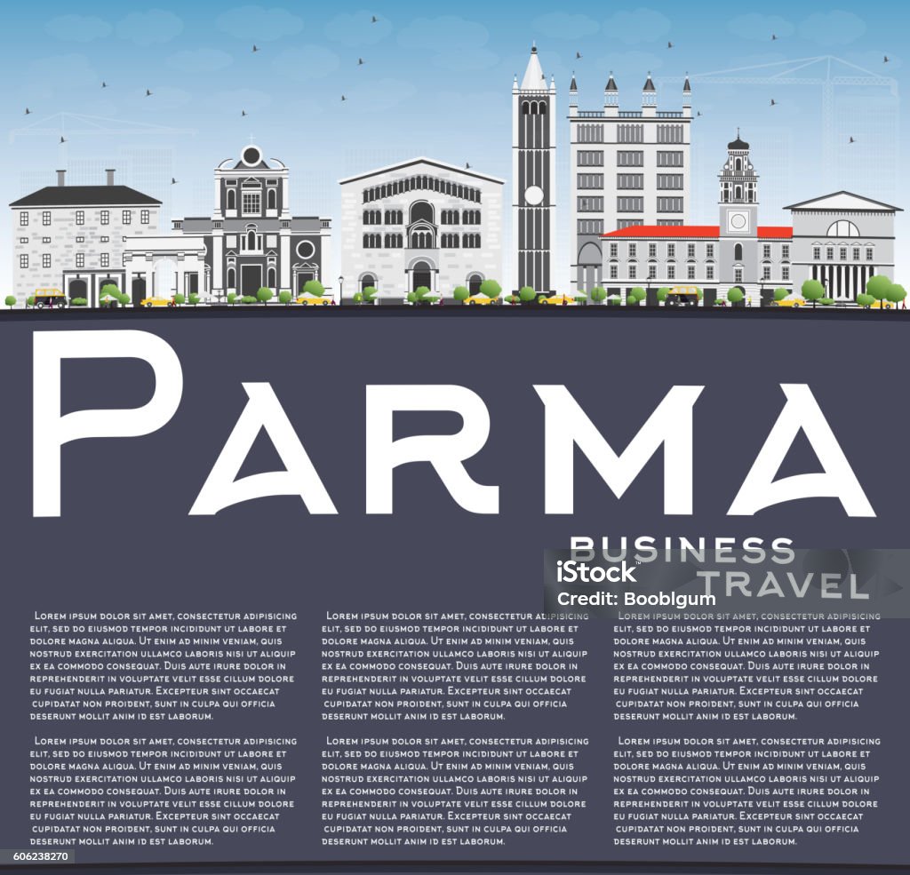 Parma Skyline with Gray Buildings, Blue Sky and Copy Space. Parma Skyline with Gray Buildings, Blue Sky and Copy Space. Vector Illustration. Business Travel and Tourism Concept with Historic Buildings. Image for Presentation Banner Placard and Web Site. Architecture stock vector