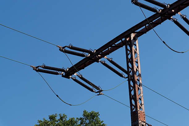 Parts of a catenary Electrical overhead contact line on a railway line schienennetz stock pictures, royalty-free photos & images