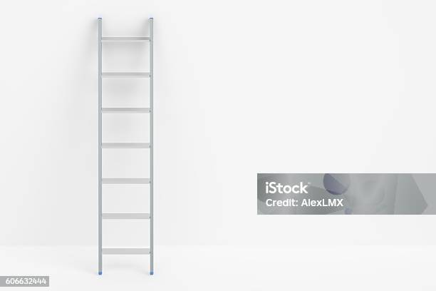 Ladder And White Wall 3d Rendering Stock Photo - Download Image Now - Ladder, Cut Out, Metal