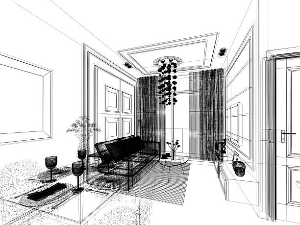 istock sketch design of living ,3dwire frame render 606638552