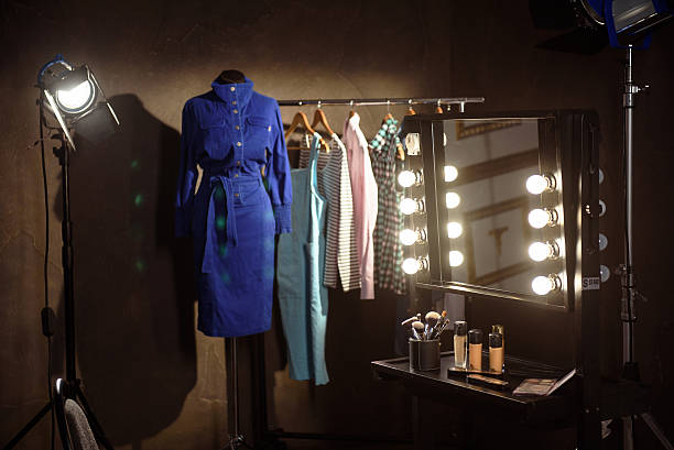 istock Stylish clothes and make-up products in dressing room 606638698