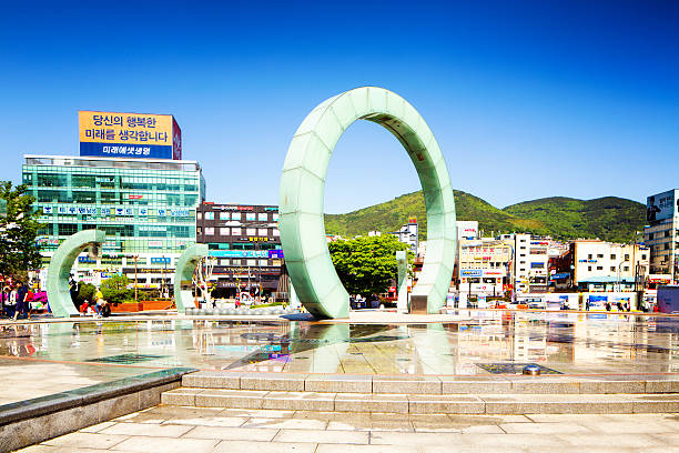 Busan, South Korea - May 4, 2015: Modern fountain at the Busan, South Korea, Railway station. This sculpture, which spells \