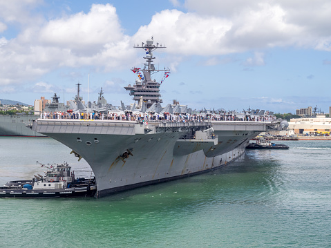 Honolulu, USA - August 5, 2016: The USS John C. Stennis on August 5, 2016 in Pearl Harbor, USA. The John C. Stennis is a Nimitz class nuclear powered aircraft carrier.