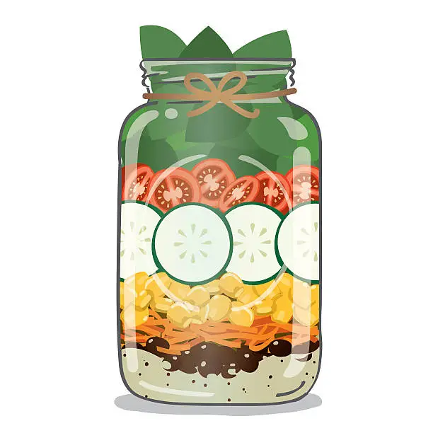 Vector illustration of Mason Jar Salad with healthy vegetables and dressing