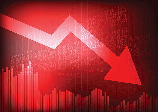 abnehmendes diagramm und pfeil auf rotem stockboard - börse stock-grafiken, -clipart, -cartoons und -symbole