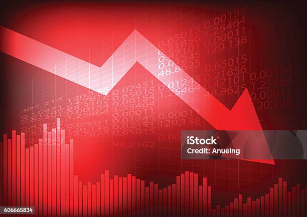 Decreasing Graph And Arrow On Red Stock Board Stock Illustration - Download Image Now - Stock Market and Exchange, Recession, Falling