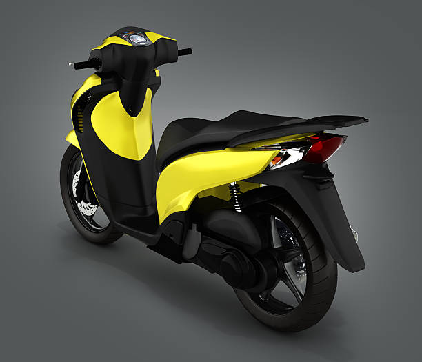 istock Trendy yellow scooter on gray gradient background 3d render 606668432