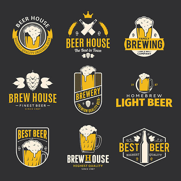 Vector color beer labels, icons and design elements Set of vector color beer labels, icons and design elements on black background for beer house, bar, pub, brewing company branding and identity. label silhouettes stock illustrations