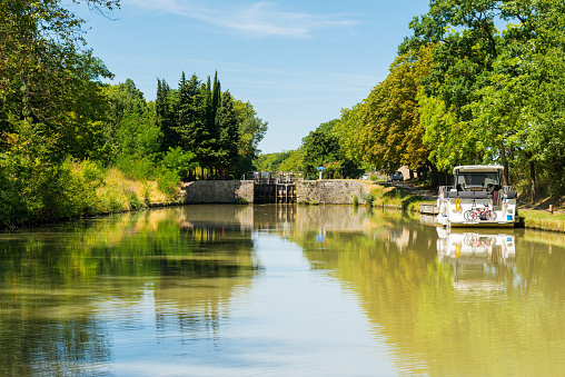 canal du midi with a lock near carcasonne