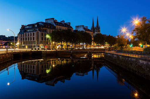 Quimper Cathedral at night. Quimper, Brittany, France