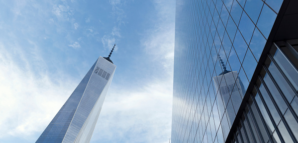 New York, USA - August 11, 2016: One World Trade Center located at 285 Fulton St, New York, NY 10007 is the main building of the rebuilt World Trade Center complex in Lower Manhattan, New York City.