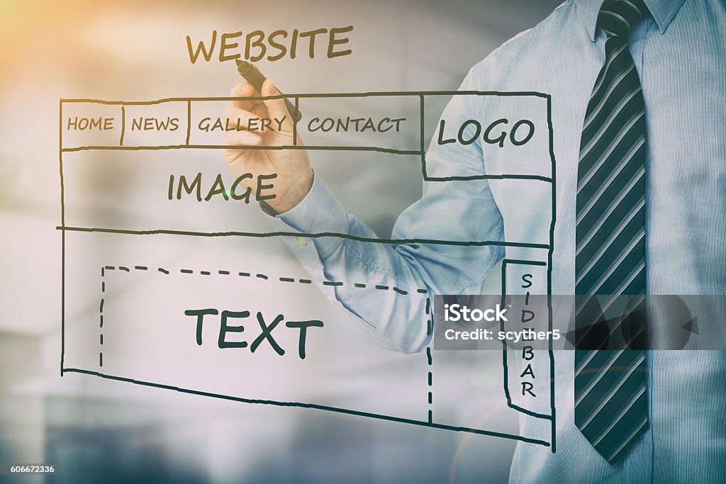 Designer drawing website development. web development design designer seo content - stock image Web Page Stock Photo