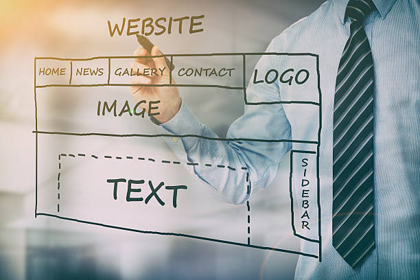 designer drawing website development. - writing whiteboard men businessman imagens e fotografias de stock