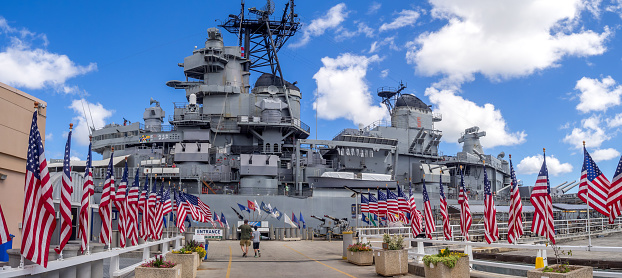 Pearl Harbor, USA - April 1st, 2022: USS Missouri at Pearl Harbor. National historic sites at Pearl Harbor tell the story of the battle that plunged US into World War II.