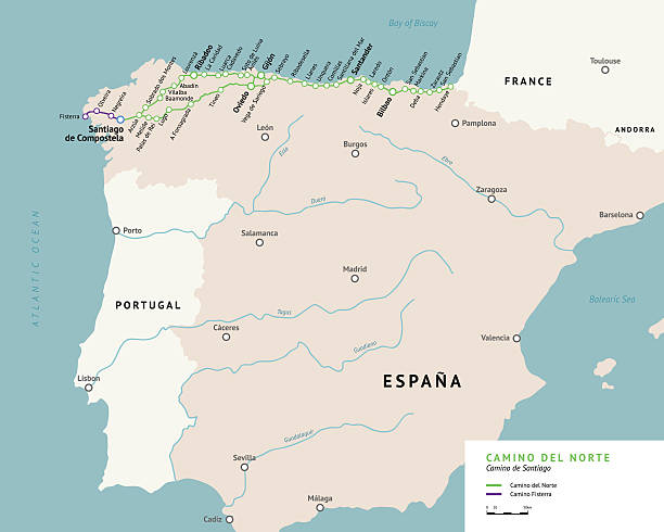 illustrazioni stock, clip art, cartoni animati e icone di tendenza di mappa del camino del norte. camino de santiago. spagna. - st james way