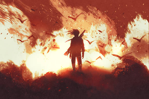 man with gun standing against fire background man with gun standing against fire background,illustration painting war bird stock illustrations
