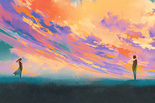 man and woman standing against colorful sky man and woman standing opposite of each other against colorful sky,illustration painting distant stock illustrations