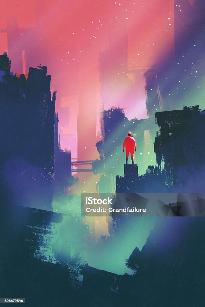 night scenery with red man standing on abandoned city night scenery with red man standing on abandoned city,illustration painting City stock illustration