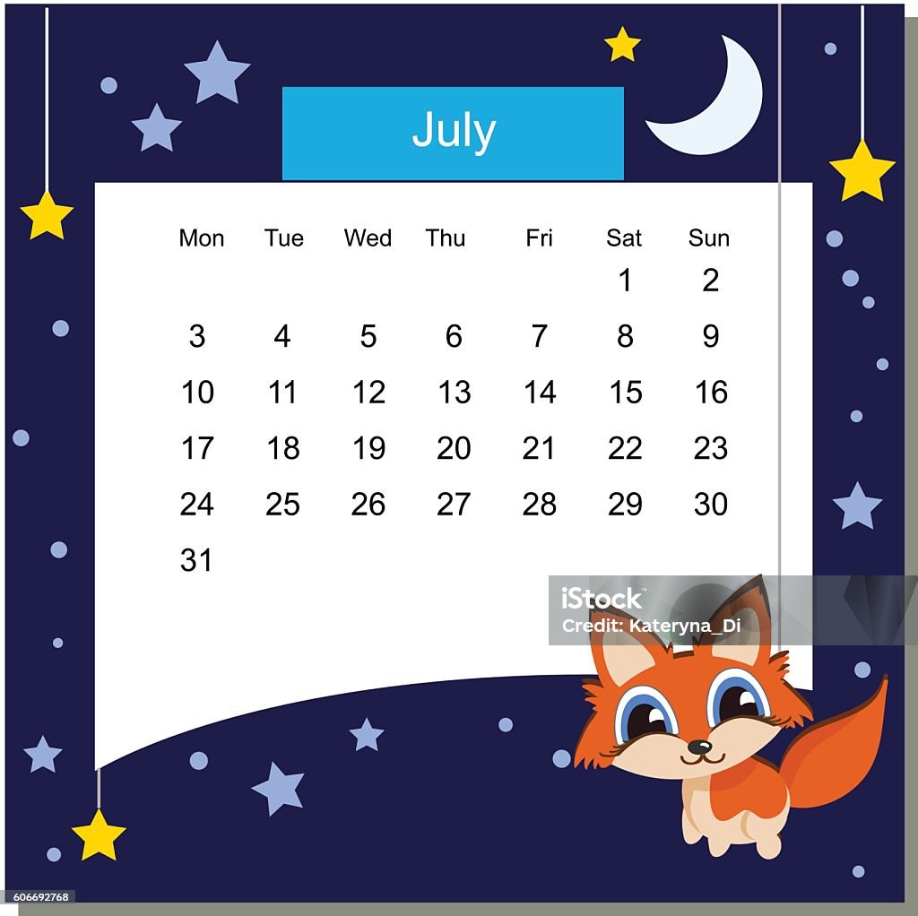 Frame with fox. Calendar 2017. July. Week Starts Monday Frame with Fox. Frames with Cartoon Animals. Cartoon Fox. Frames are text ready. Calendar 2017. Vector Flat Design Template. July. Week Starts Monday 2017 stock vector