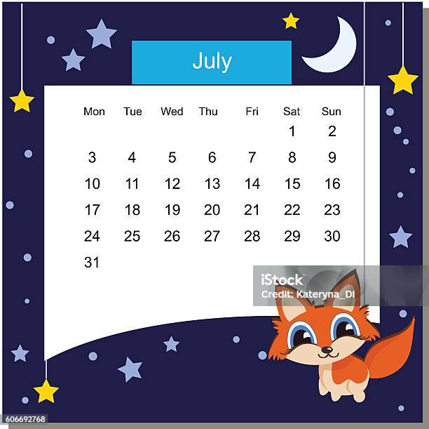 Frame With Fox Calendar 2017 July Week Starts Monday Stock Illustration - Download Image Now