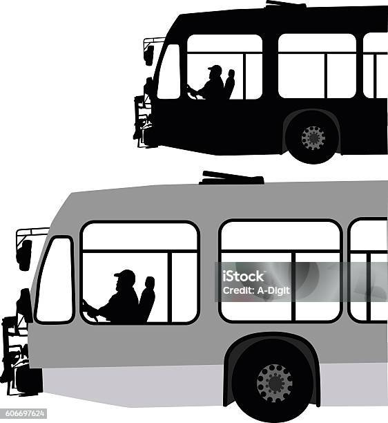 City Bus In Black And White Vector Silhouette Stock Illustration - Download Image Now - Bus Driver, In Silhouette, Bicycle Rack