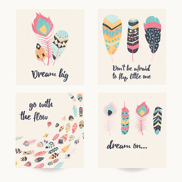 Postcard design with inspirational quote and bohemian colorful feathers Postcard design with inspirational quote and bohemian colorful feathers, vector illustration thinking of you card stock illustrations