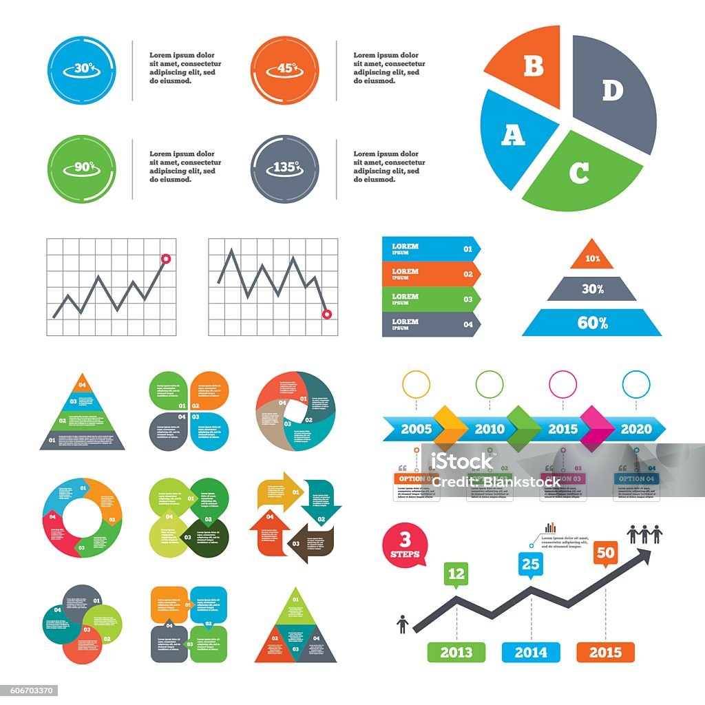 Angle degrees icons. Geometry math signs. Data pie chart and graphs. Angle 30-135 degrees icons. Geometry math signs symbols. Full complete rotation arrow. Presentations diagrams. Vector Acute Angle stock vector