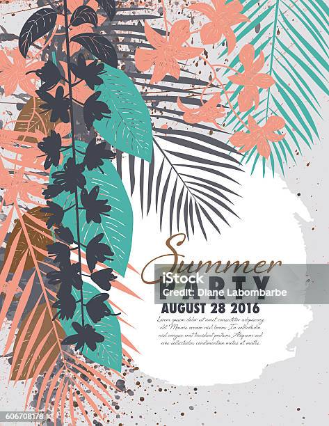 Tropical Plants Summer Party Invitation Template Stock Illustration - Download Image Now - Luau, Party - Social Event, Watercolor Painting