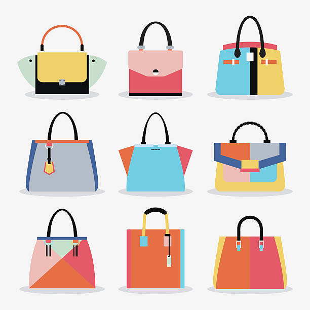 retro bunte süße trendige frauen handtaschen und geldbörse set - purse stock-grafiken, -clipart, -cartoons und -symbole