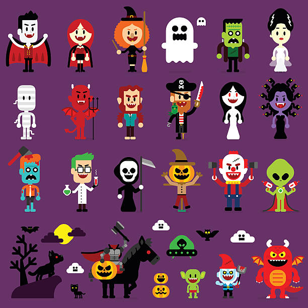 Halloween Monsters Mash Characters Monsters Mash Halloween Cartoon Characters including Vampires, Witch, Ghosts, Frankenstein & his bride, Headless Knight, Mummy, Monster, Pirate, Demon, Medusa, Alien, Woman Ghost, Zombie, Grim Reaper, Werewolf, Jack o' lantern, Mad Scientist, Goblin, Creepy Gnome, and Creepy Clown vampire illustrations stock illustrations