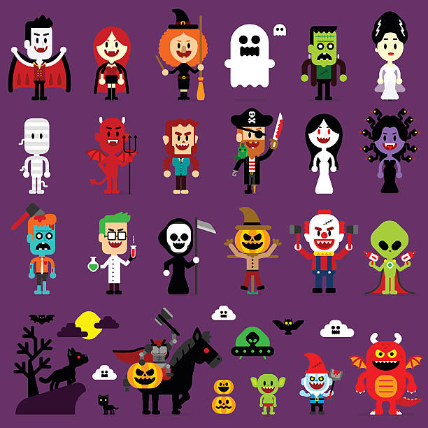 Halloween Monsters Mash Characters Monsters Mash Halloween Cartoon Characters including Vampires, Witch, Ghosts, Frankenstein & his bride, Headless Knight, Mummy, Monster, Pirate, Demon, Medusa, Alien, Woman Ghost, Zombie, Grim Reaper, Werewolf, Jack o' lantern, Mad Scientist, Goblin, Creepy Gnome, and Creepy Clown scary bride stock illustrations