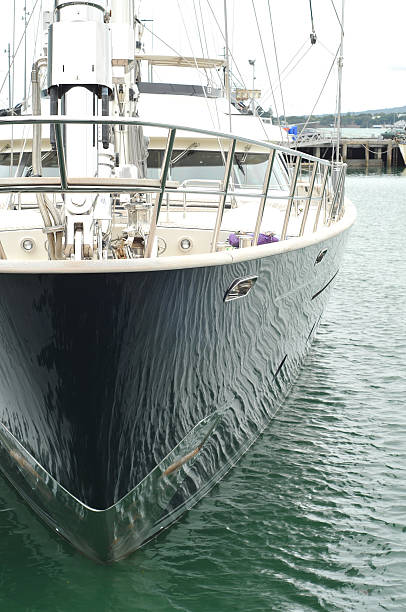 istock Water reflections on yacht hull 606738026