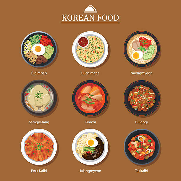 zestaw koreańskich żywności płaskiej konstrukcji. azja street food ilustracja - korean culture obrazy stock illustrations