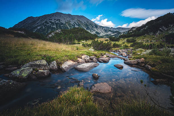 Clear blue sky over beautiful stream in a mountain valley