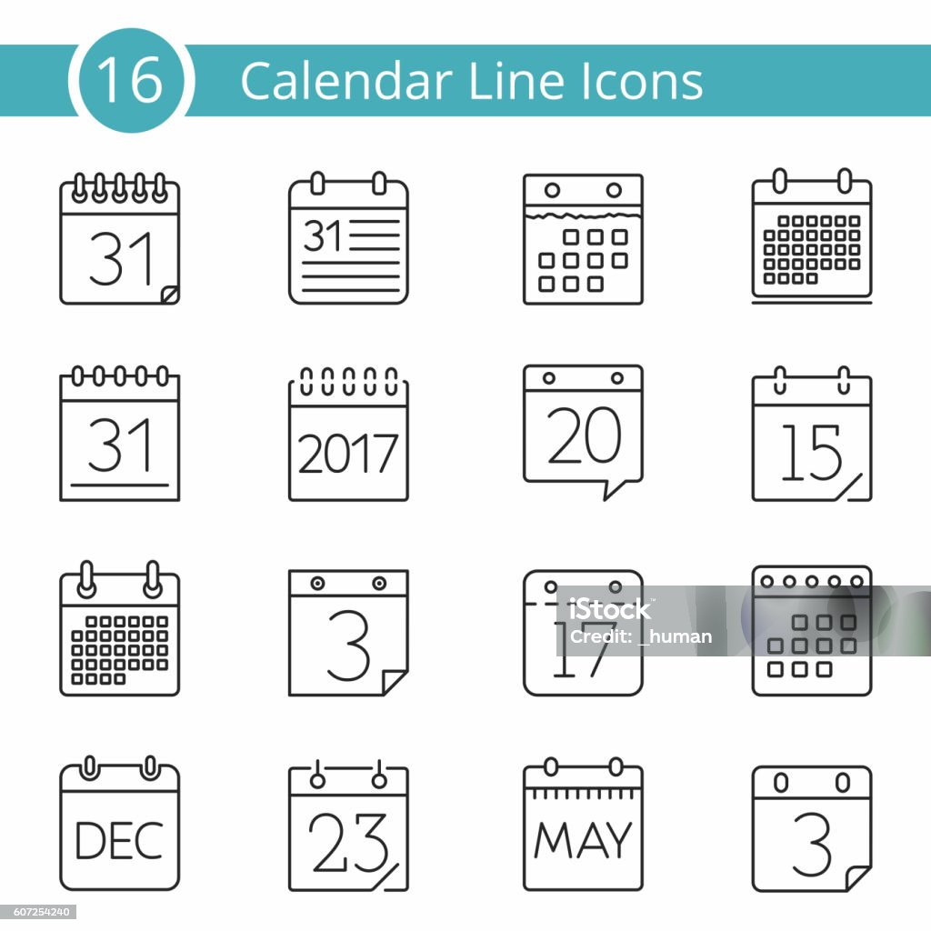 16 Calendar Icons Set of 16 calendar line icons, vector eps10 illustration Calendar stock vector
